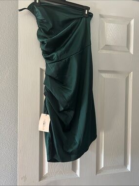SHEIN Dark Green Satin Ruched Midi Dress